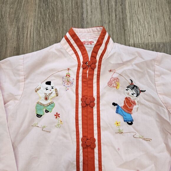 Vtg 60s Plum Blossoms Chinese Shirt Top Kids Girls 6 Asian Pink Red Embroidered - Picture 2 of 12